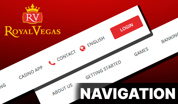 RoyalVegas Casino website navigation menu