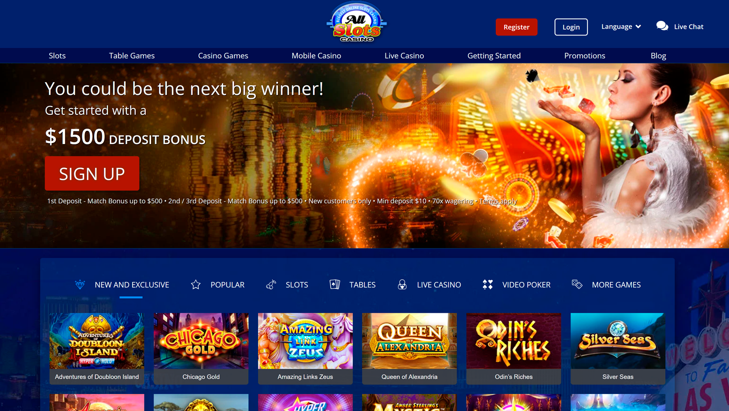Main page on All Slots Casino site