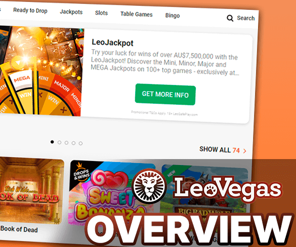 screenshot of Leovegas on orange background with logo