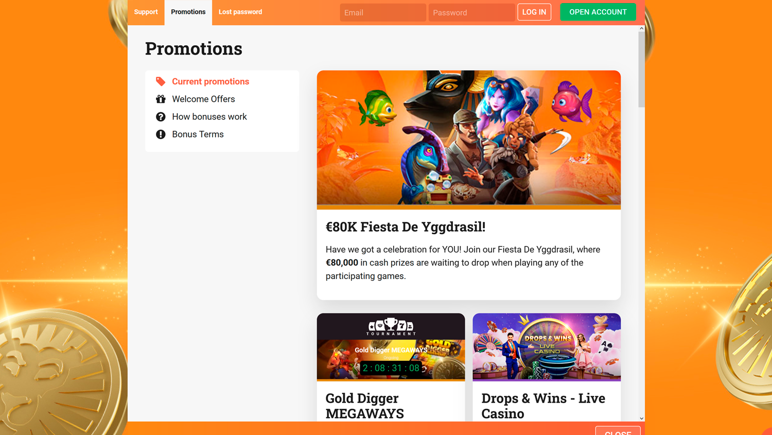 Promotions page on Leo Vegas Casino Site