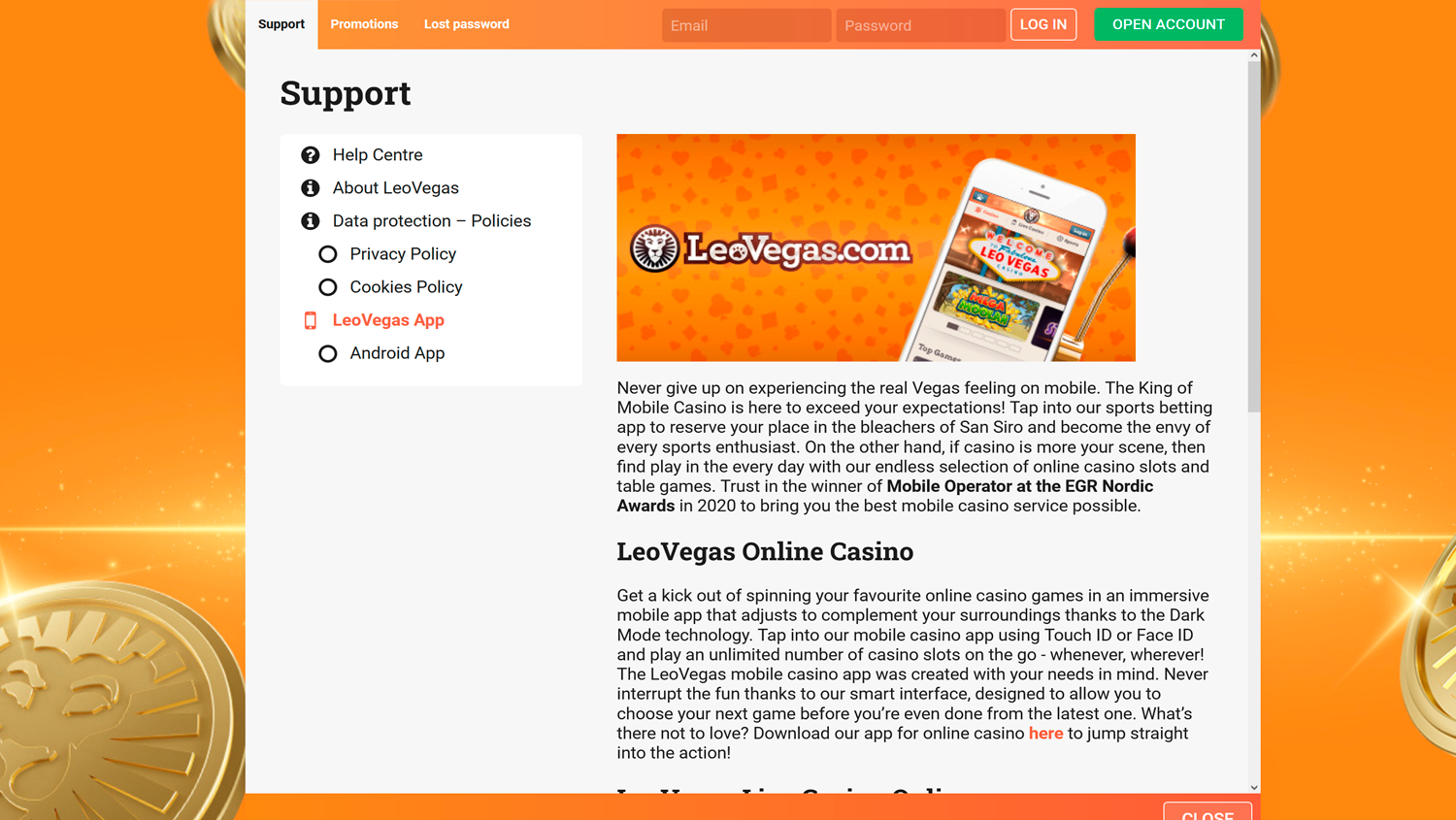 App page on Leo Vegas Casino site