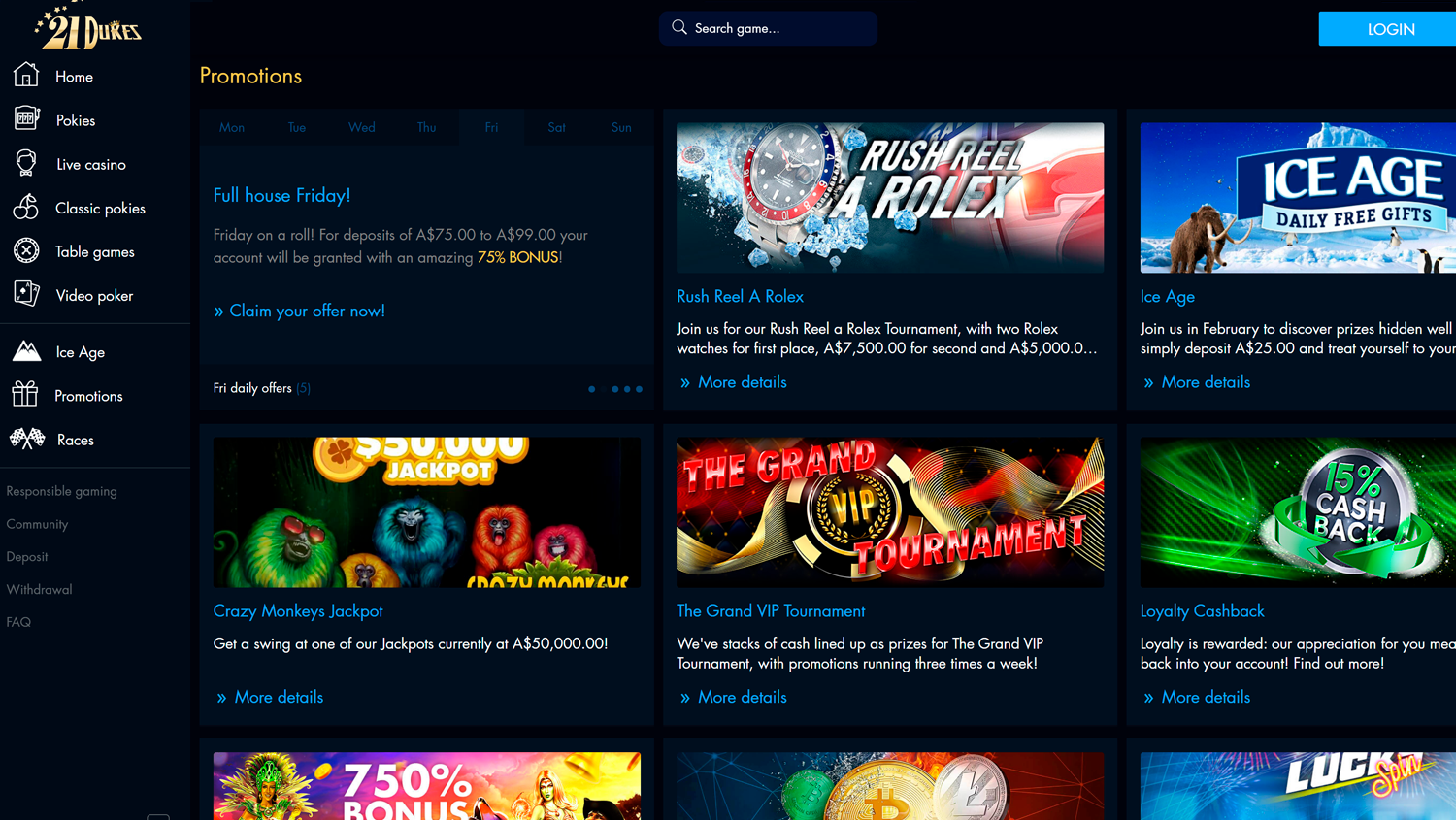 Promotions page of the 21Dukes casino site