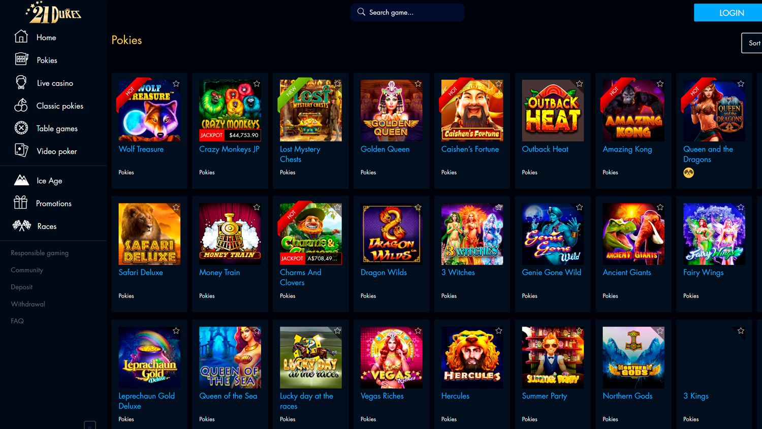 Pokies page of the 21Dukes casino site