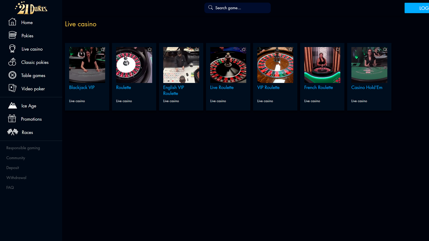 Live casino page on the 21Dukes casino site