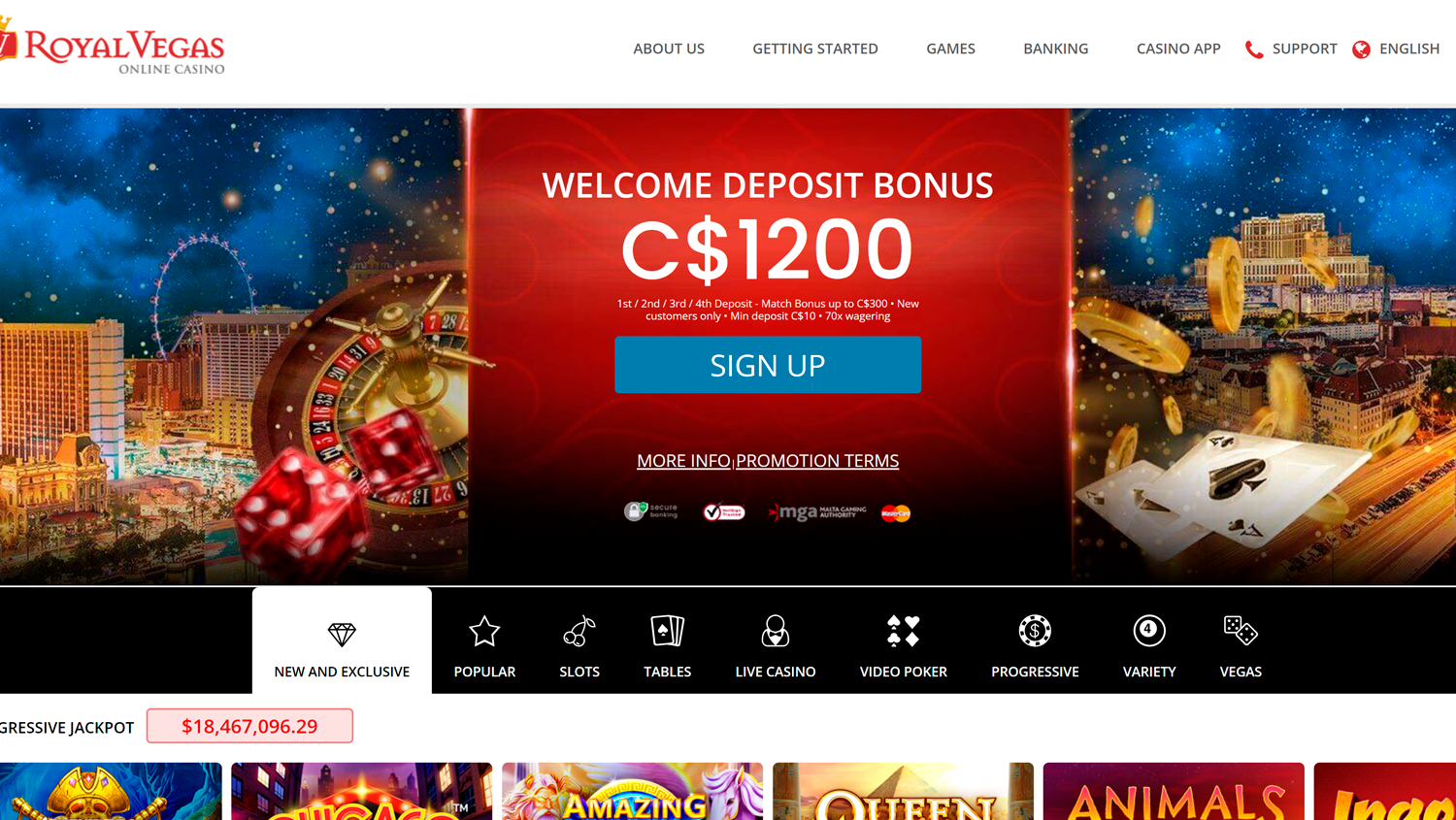 Screenshot of Main Page on Royal Vegas Casino site