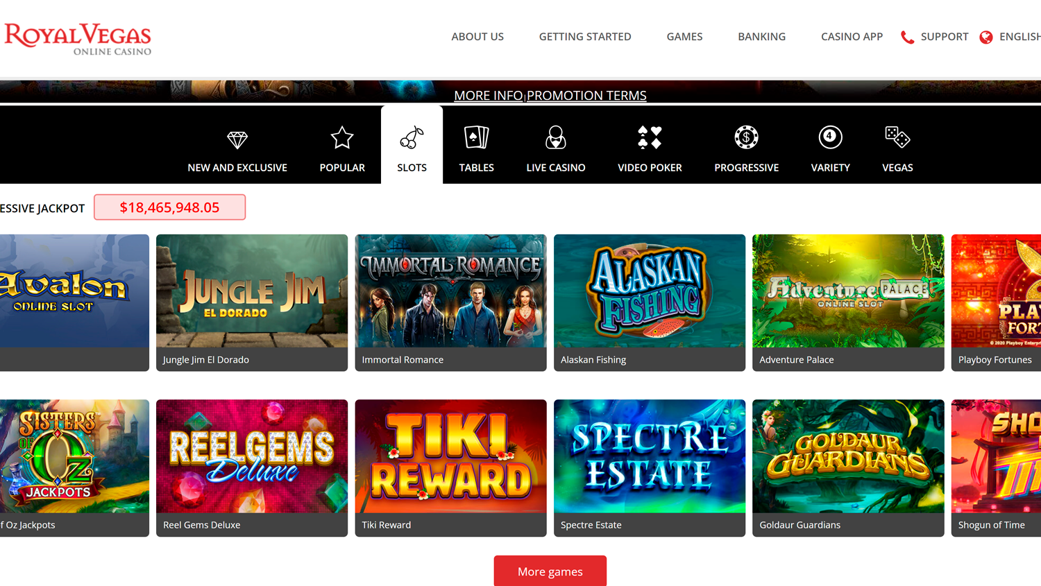 Screenshot of Games page on Royal Vegas Casino site