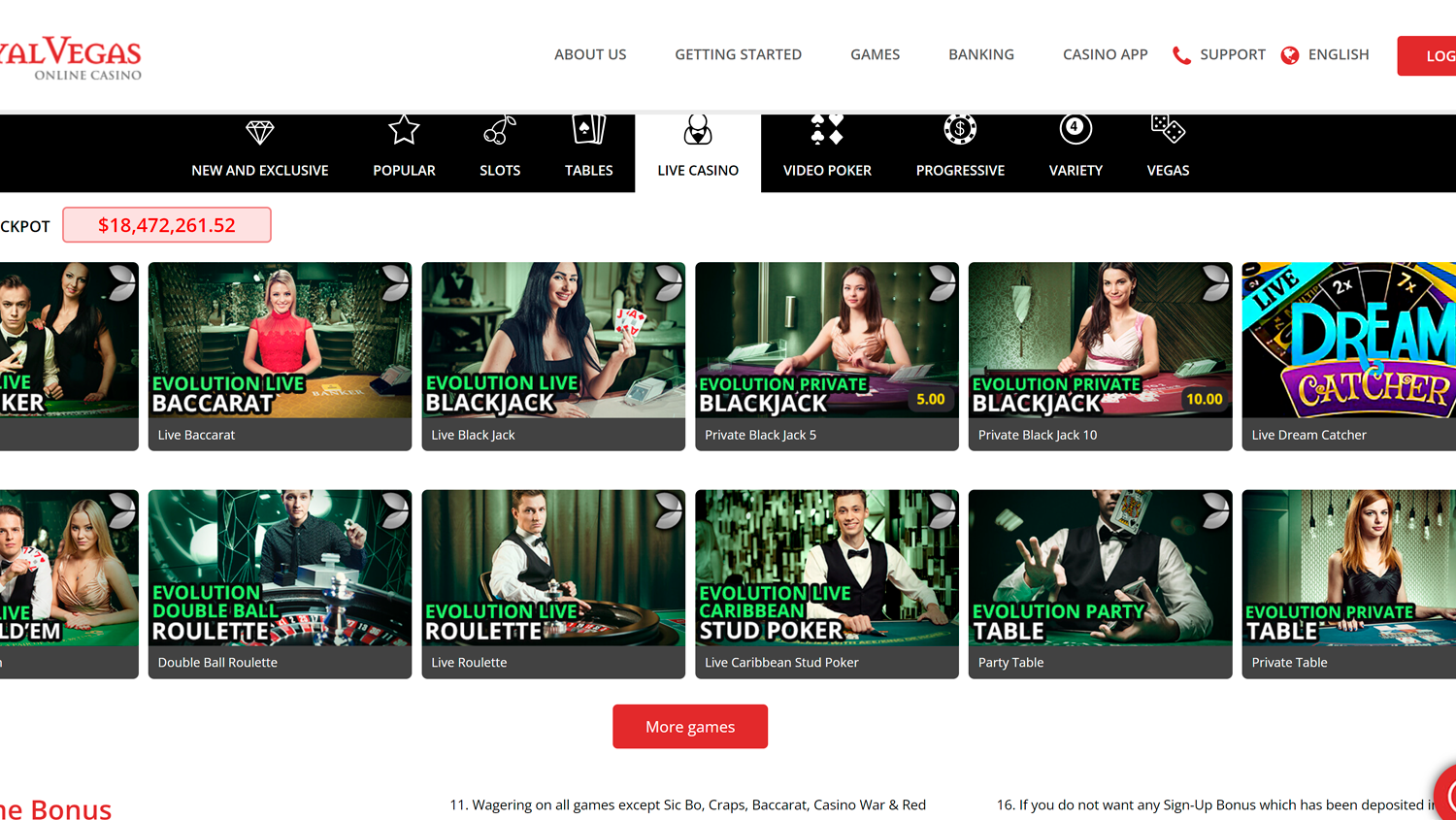 Screenshot of Live Casino Page on Royal Vegas Casino site