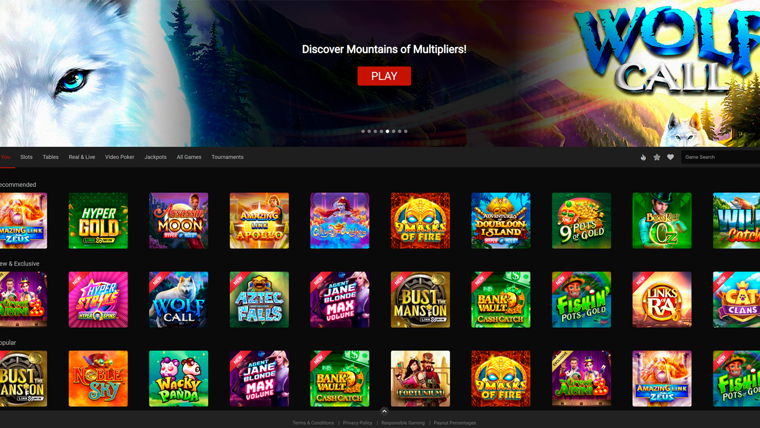 Games page on Royal Vegas Casino site