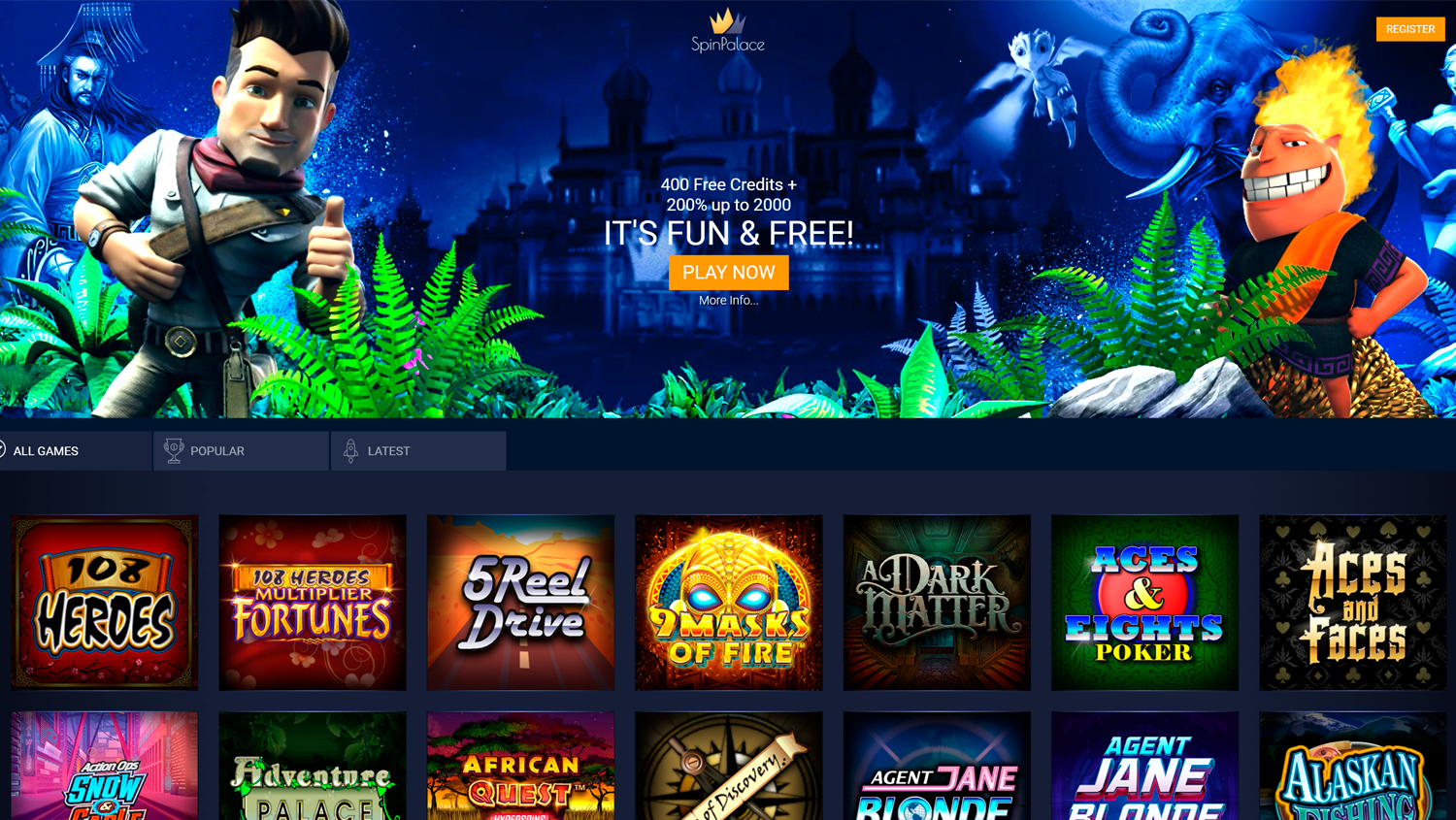 Main page on Spin Palace Casino site