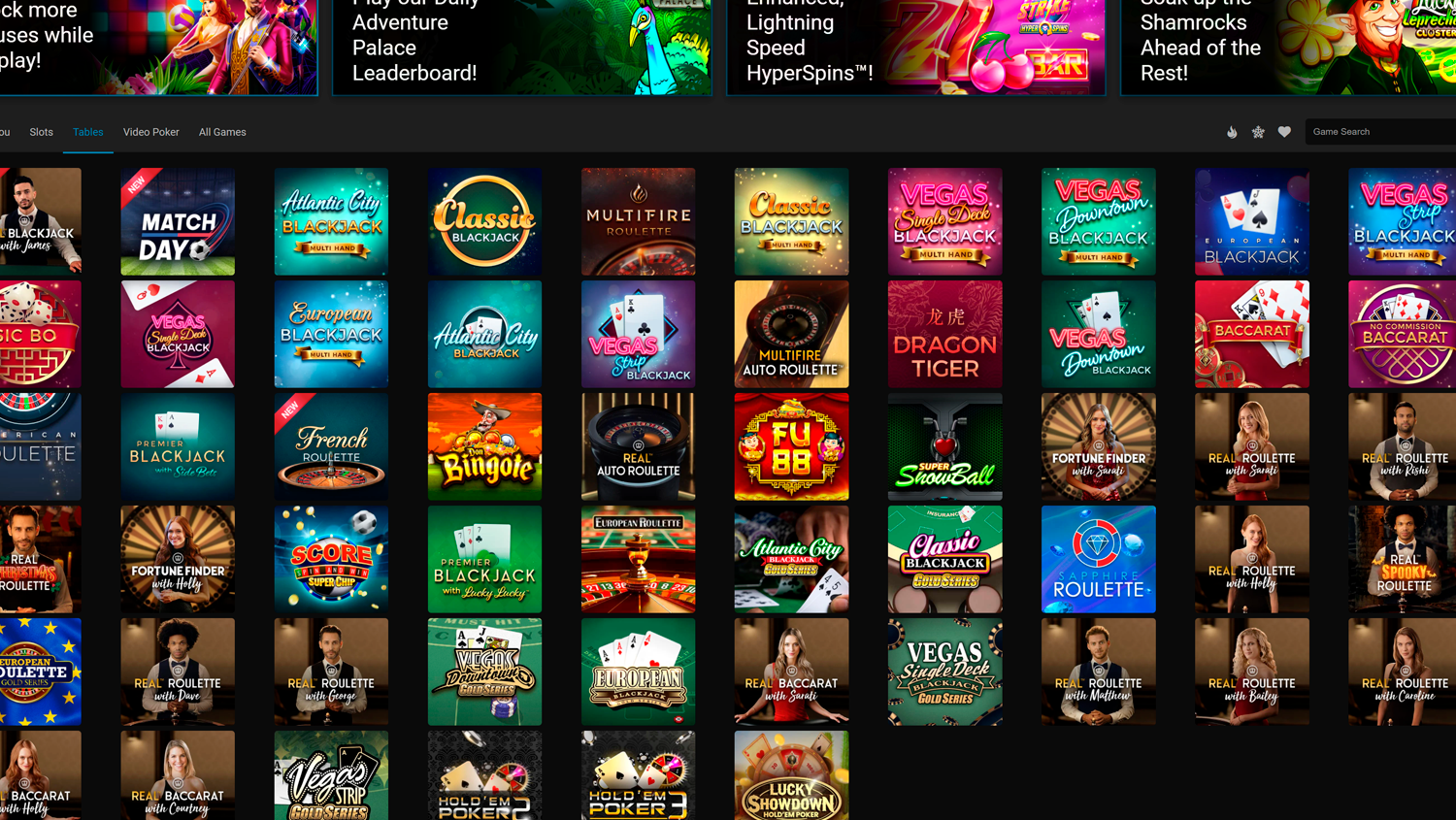 Table games page on Spin Palace Casino site