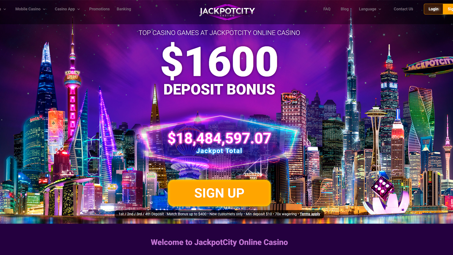 Main page on JackpotCity Casino site