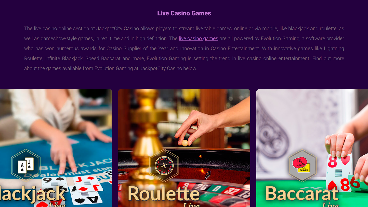 Live games on JackpotCity Casino site