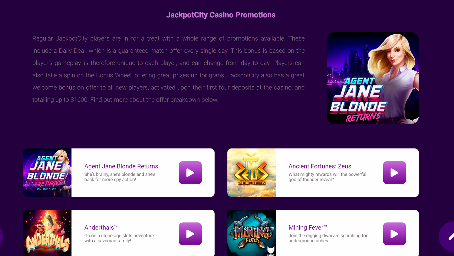 Promotions page on JackpotCity Casino site