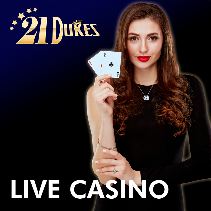 Live dealer holding playing cards and 21Dukes site logo
