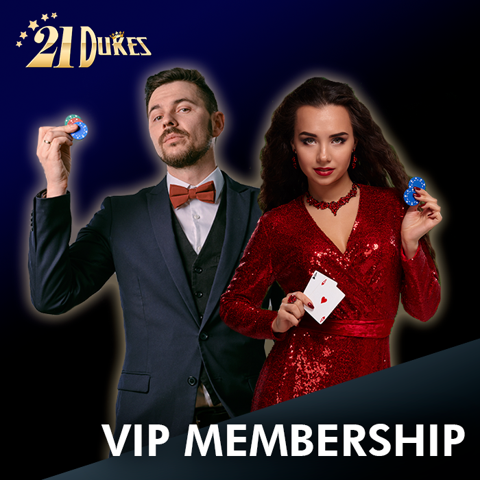 VIP casino dealers holding chips and playing cards and 21Dukes casino logo