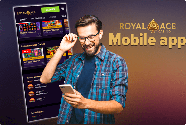 Satisfied man with smartphone on the background of a screenshot of the mobile version of the Royal Ace site