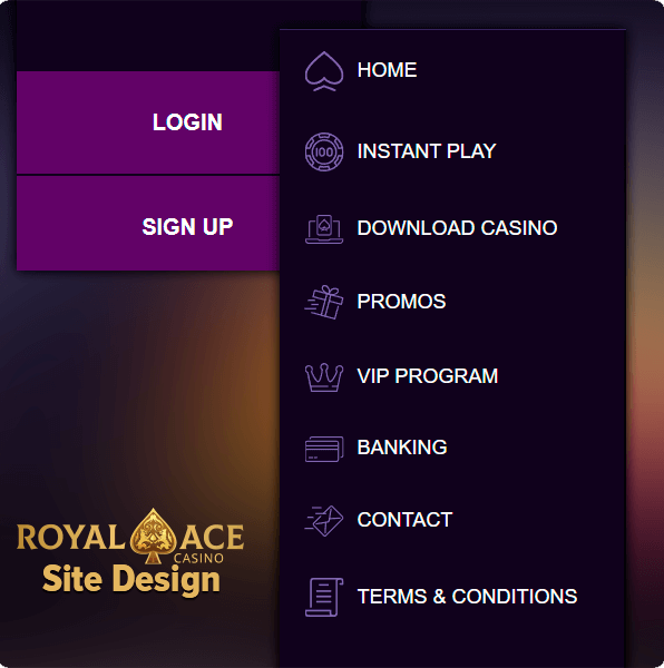 Royal Ace Casino website menu and registration and login buttons