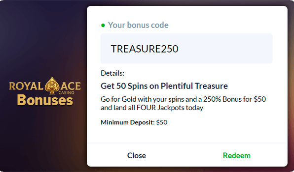 Royal Ace Casino Promocode Input Field - about bonuses at the casino