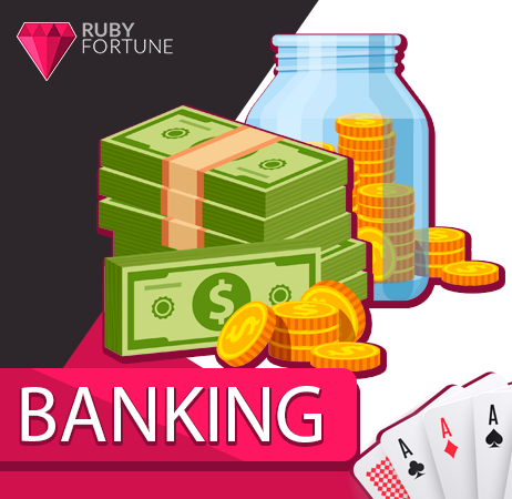 Money and coin jar with Ruby Fortune logo