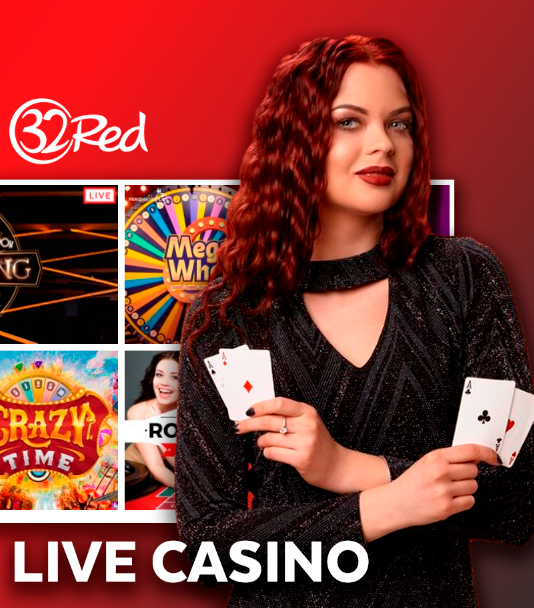 Live dealer of the 32Red casino holds playing cards