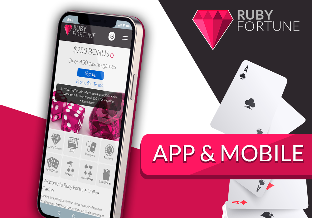 Smartphone with an opened mobile version of the Ruby Fortune casino site