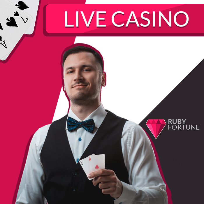 Live dealer holds playing cards with Ruby Fortune logo