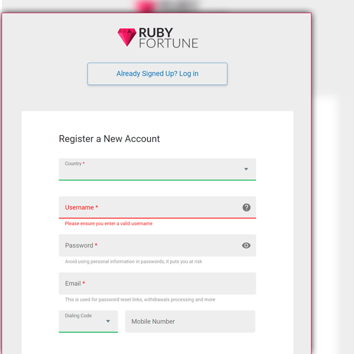 Ruby Fortune registration form