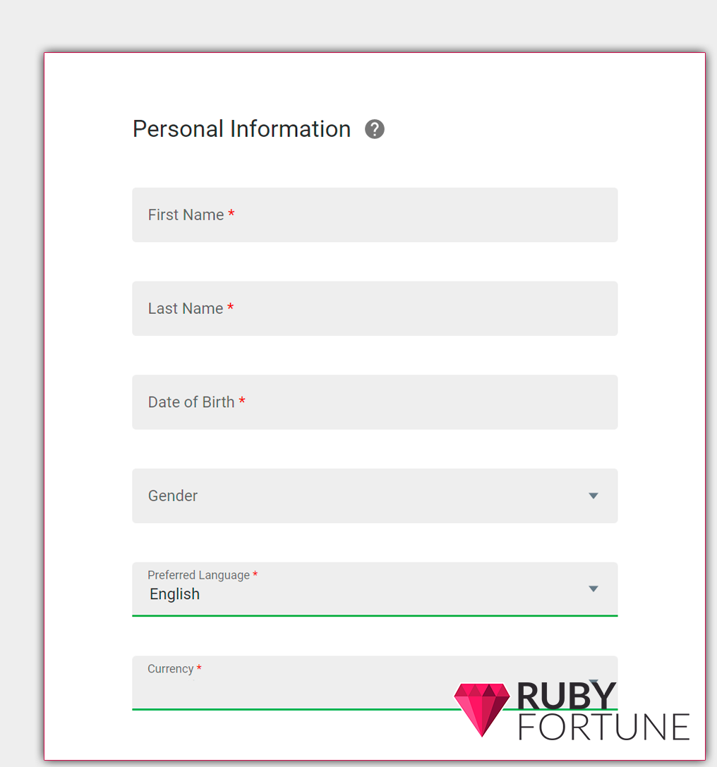 Personal information form on the Ruby Fortune casino site
