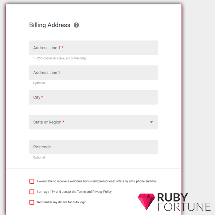 Billing Address form on the Ruby Fortune casino site