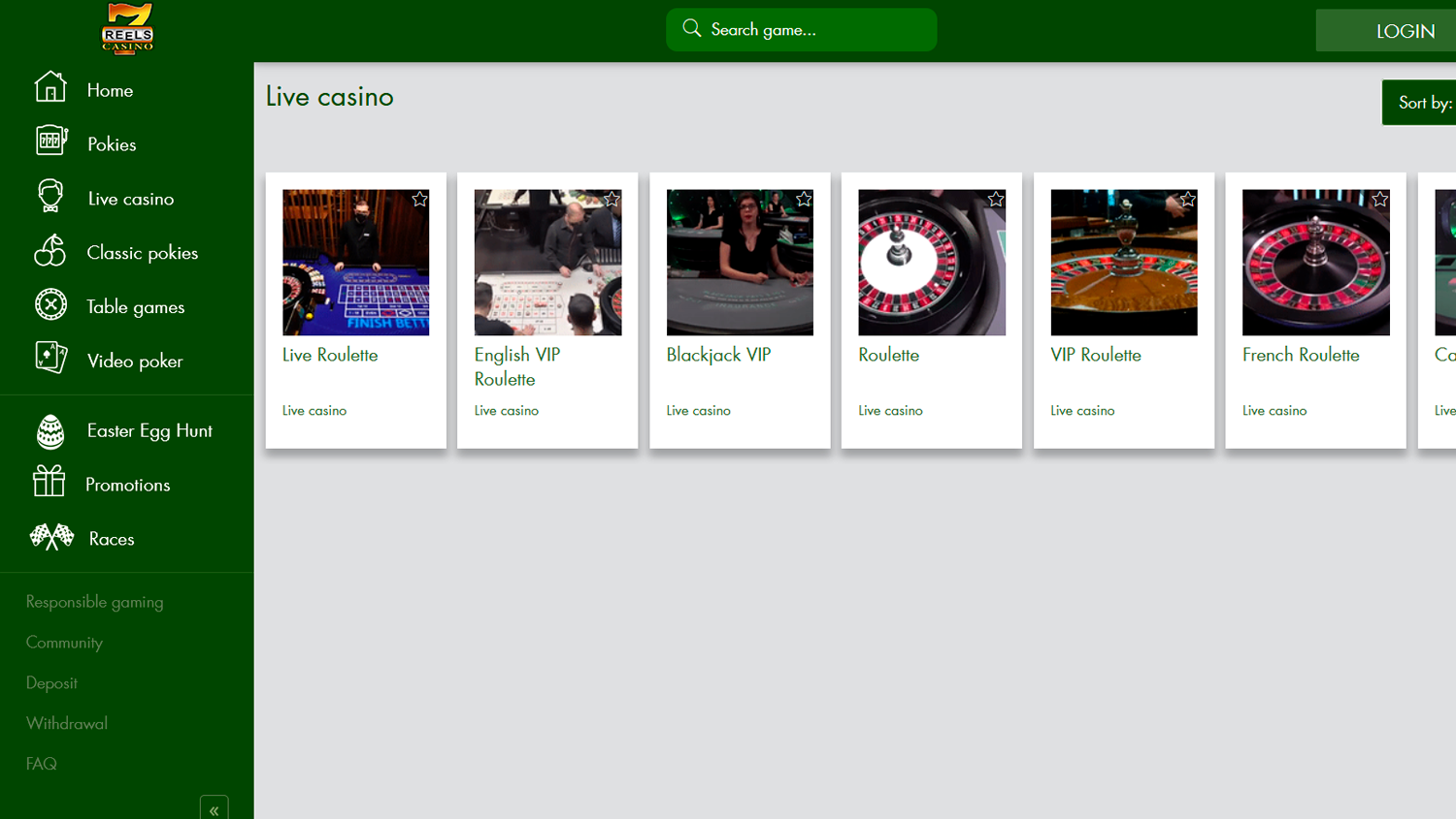 Screenshot of live casino category on 7Reels casino