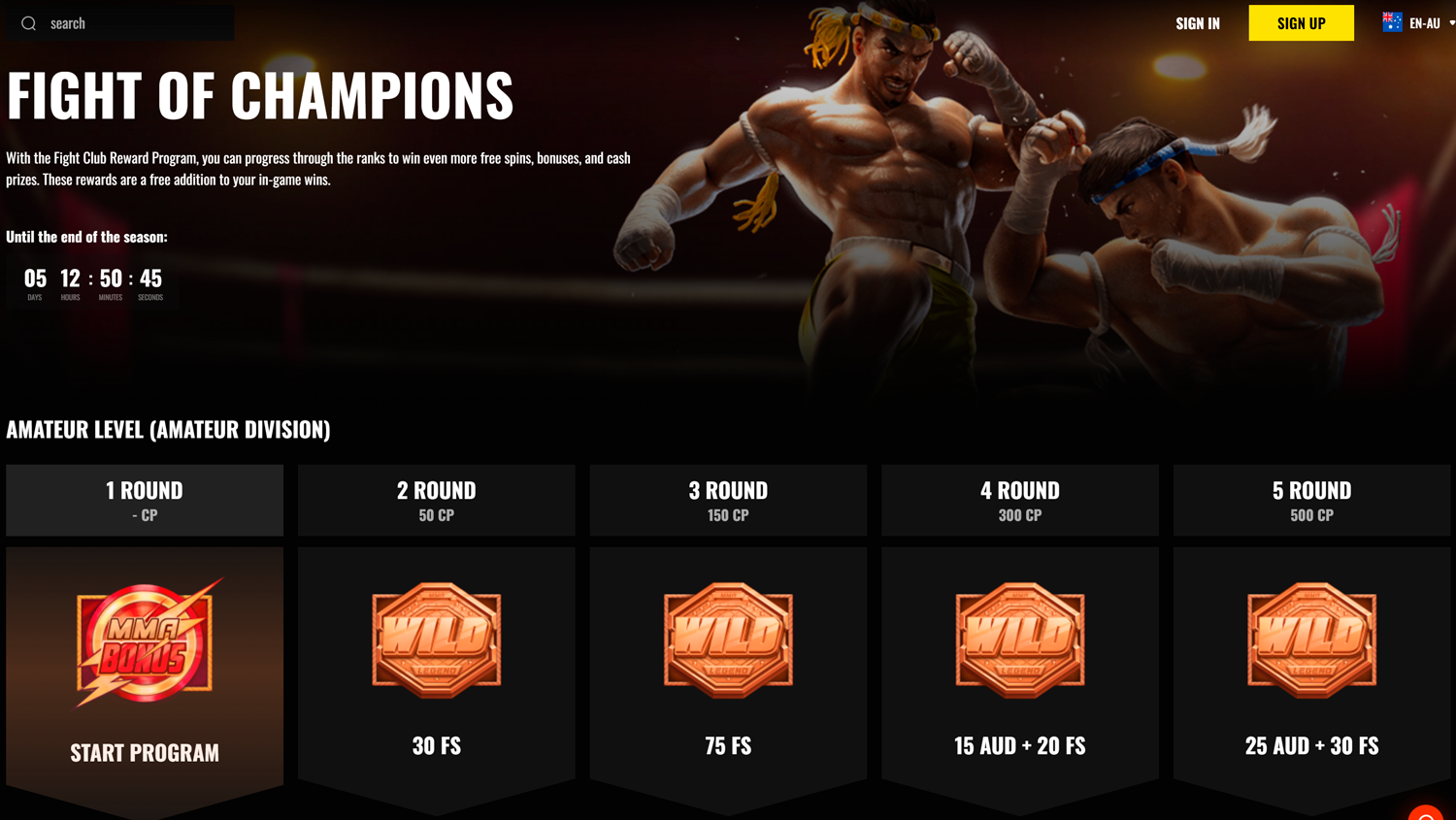Loyalty program page on the Fight Club Casino website