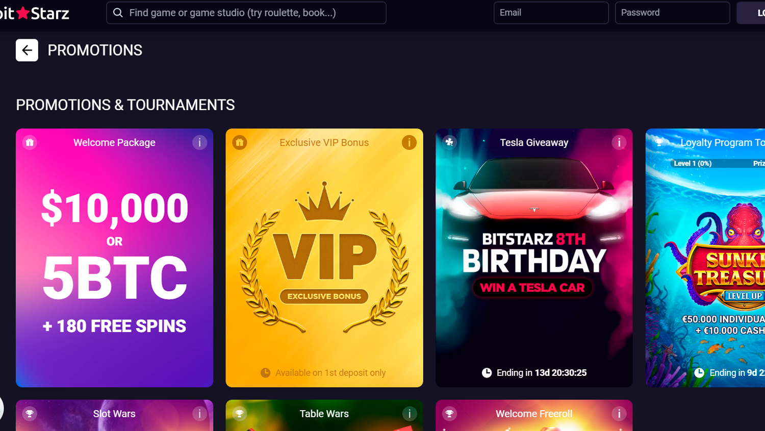 Screenshot of promotions category on Bitstarz casino website and Bitstarz logo