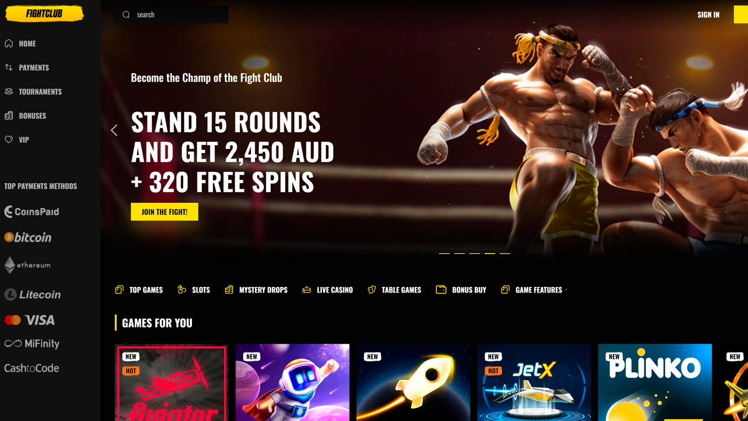 Main page on Fight club casino site