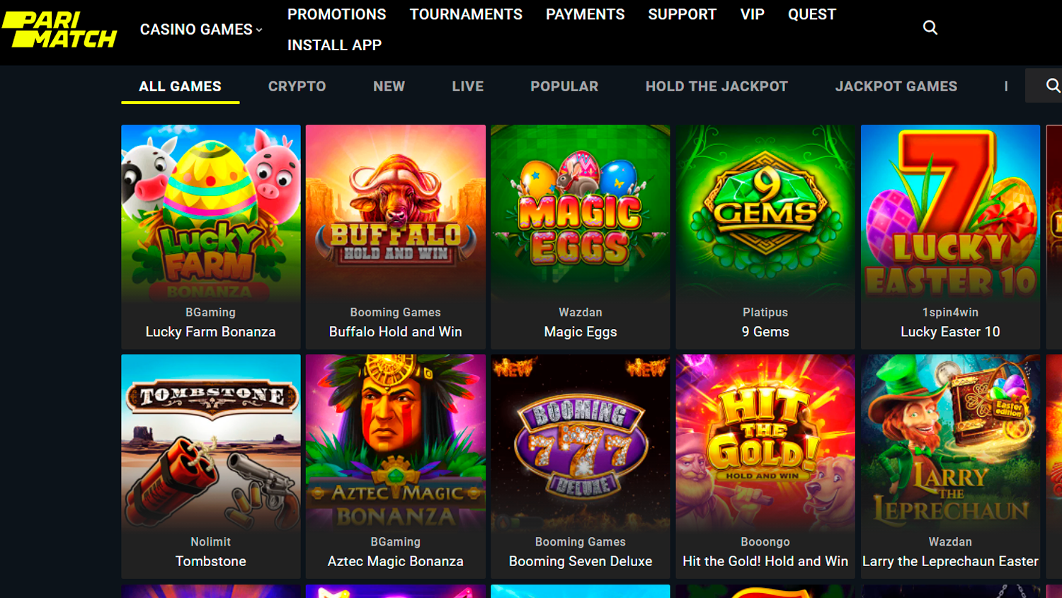 All games category on Parimatch casino site and Parimatch logo