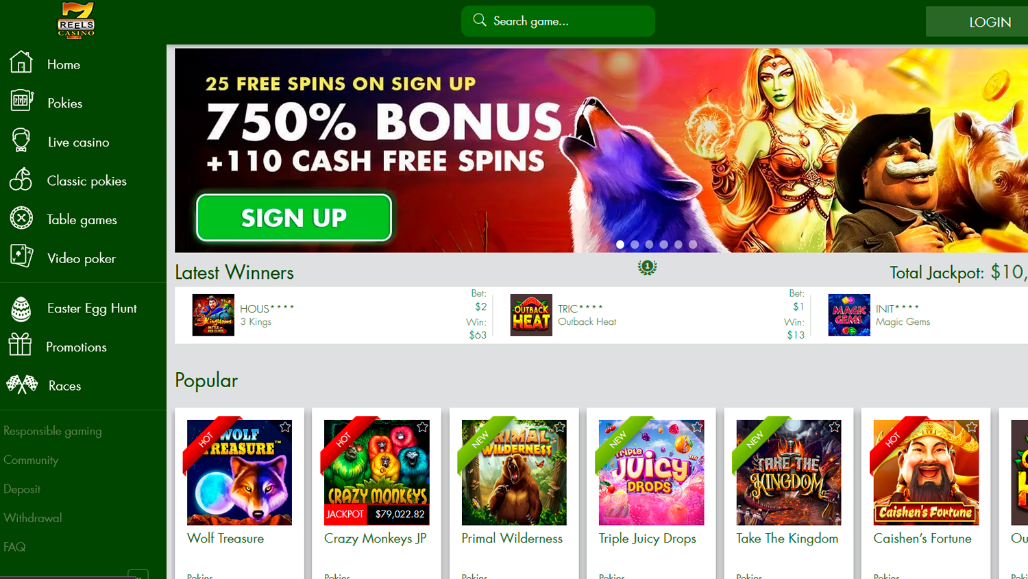 Screenshot of main page on 7Reels casino site