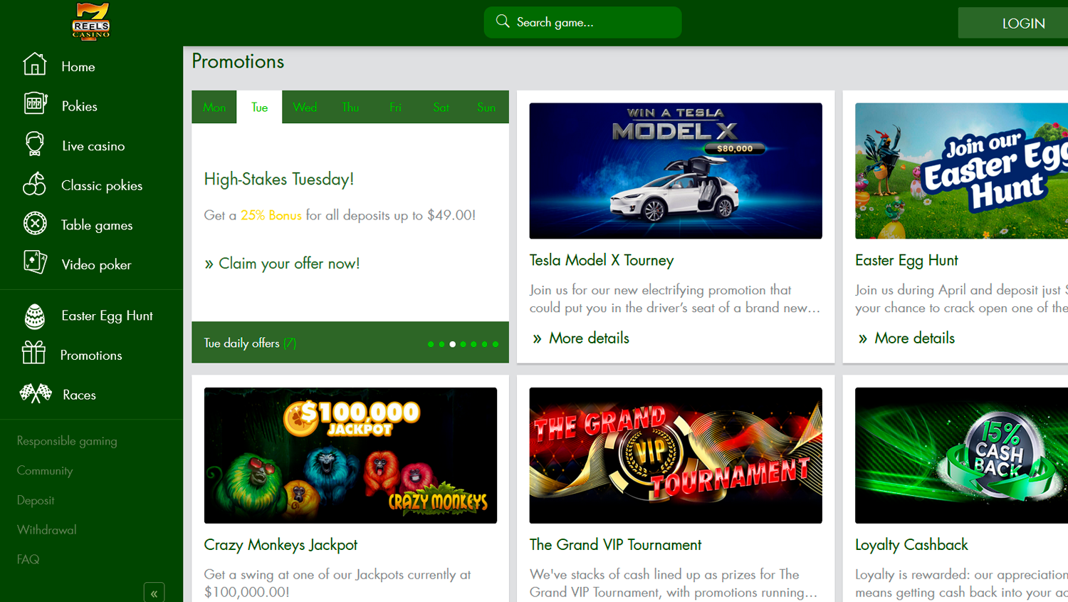 Screenshot of Promotions category on 7Reels casino