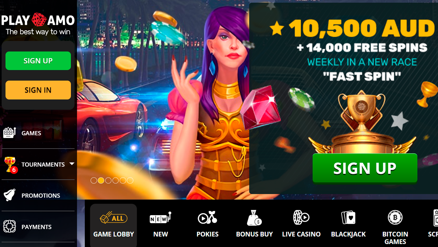 Screenshot of home page on the Playamo casino site