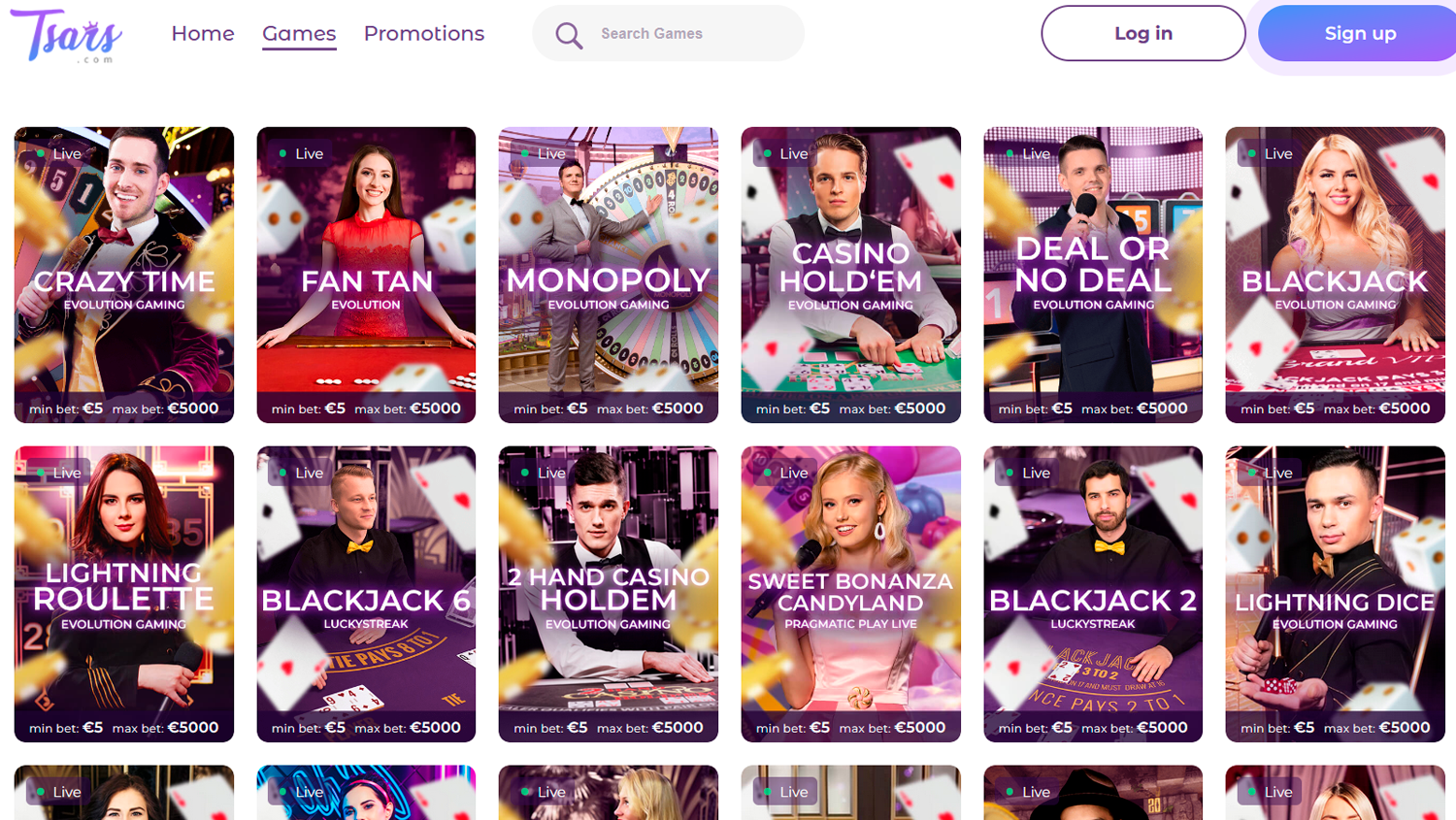 Tsars Casino screenshot of live casino page