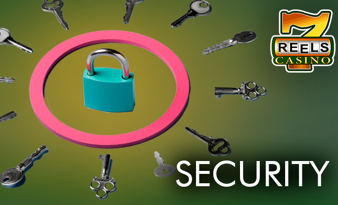 Padlock surrounded by keys and 7Reels casino logo
