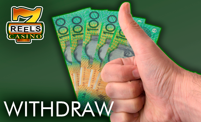 Thumbs up on the background of a stack of Australian dollars and 7Reels Casino logo