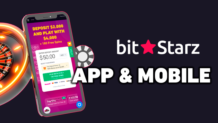 Bitstarz casino opened on a smartphone, casino roulette and poker chips and Bitstarz logo