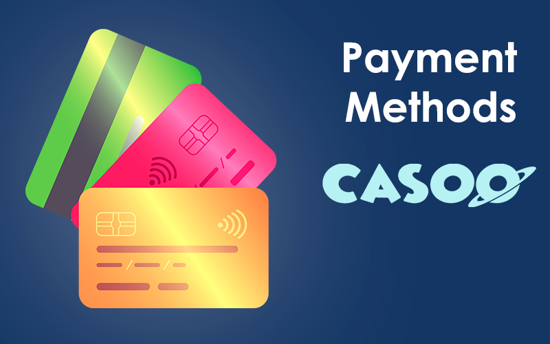 Three bank cards in different colors and Casoo logo