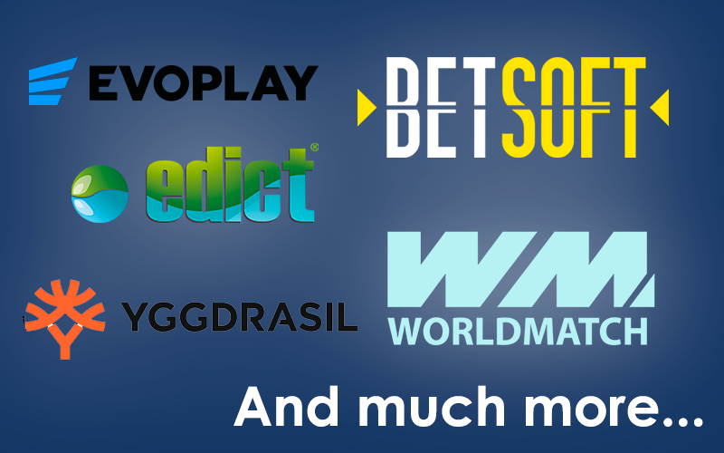 Evoplay, Betsoft, Edict, Yggdrasil and Worldmatch software providers logo