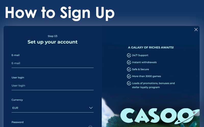 Registration window on the Casoo website