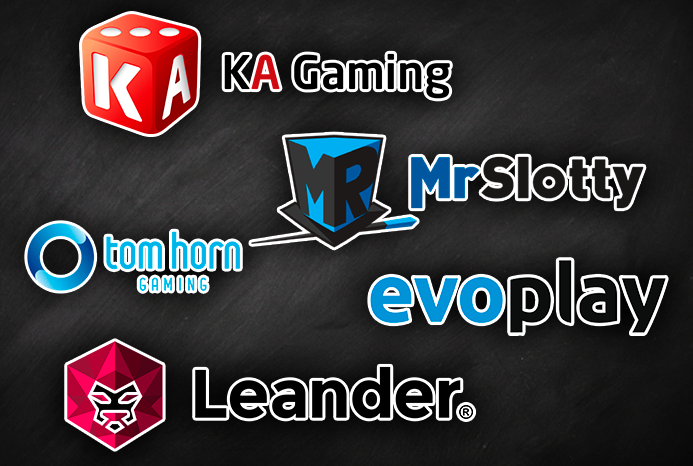 KA Gaming, MrSlotty, tom horn gaming, evoplay, Leander providers logos