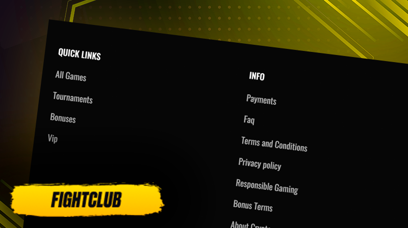 The bottom menu on Fight club casino site