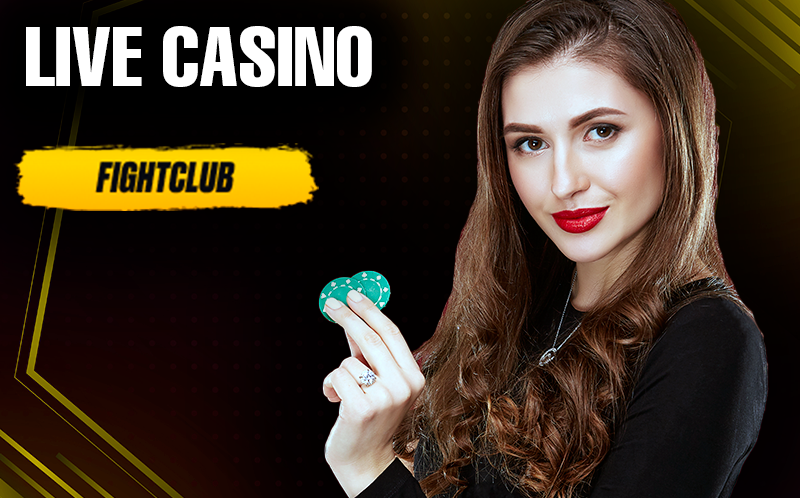 Casino dealer woman holding poker chips and Fight club logo
