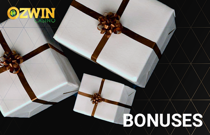 Three gift boxes and the Ozwin Casino logo