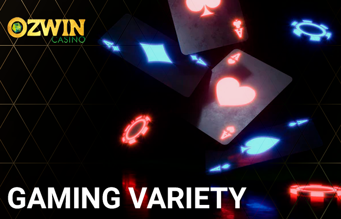 Playing cards and chips falling and Ozwin Casino logo