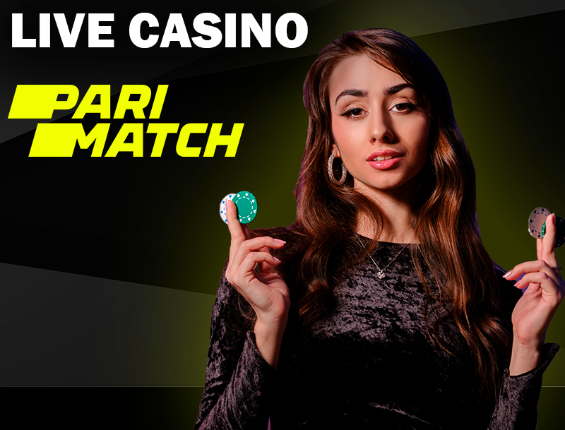 Woman casino dealer holding poker chips and Parimatch logo